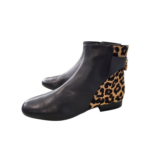 MICHAEL Michael Kors Mira Flat Ankle Bootie Size 9 Leopard Calf Hair Black Tan - Picture 1 of 10